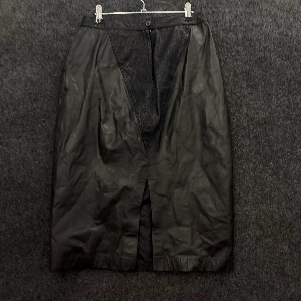Vintage Bermans Black Leather Midi Skirt Animal Print Panel 70s 80s Womens 12 - Picture 1 of 7
